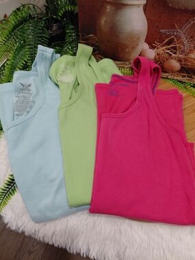 Faded Glory Light Blue, Lime & Hot Pink Ribbed Tank Tops - 3 Pack #0761